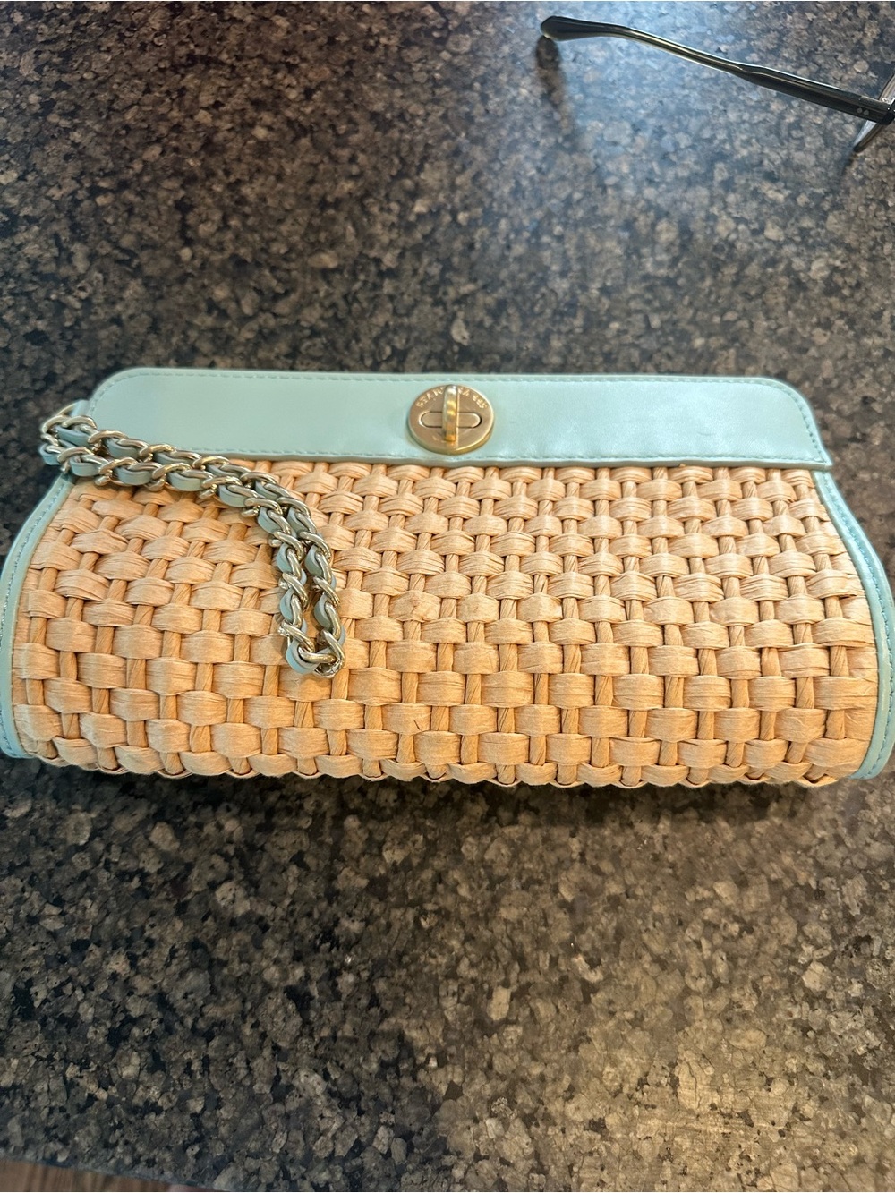 Spartina Woven Straw Clutch with Mint Trim